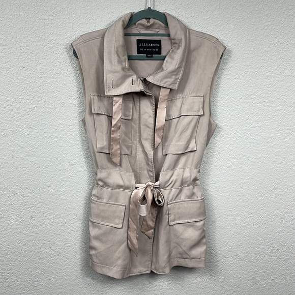 All Saints Aiya Sleeveless Cargo Utility Vest Jacket Gilet Beige Sz 6 - Picture 2 of 15
